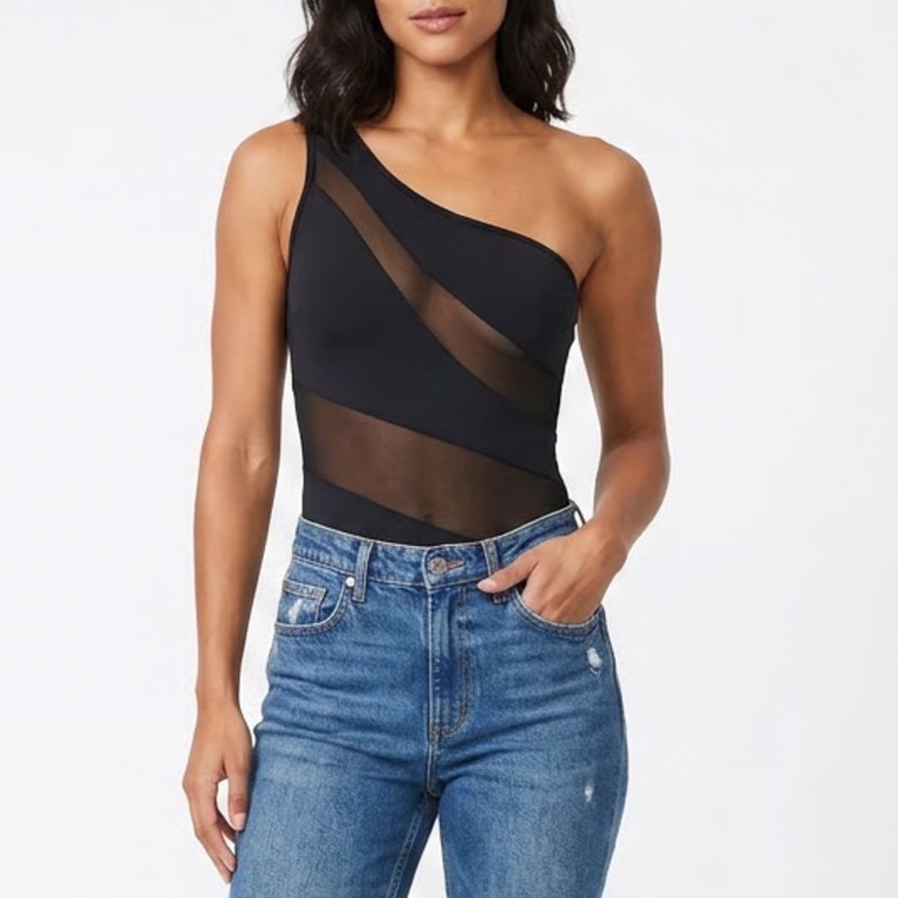Cider Black One Shoulder Mesh Panel One Piece Swimsuit Size M